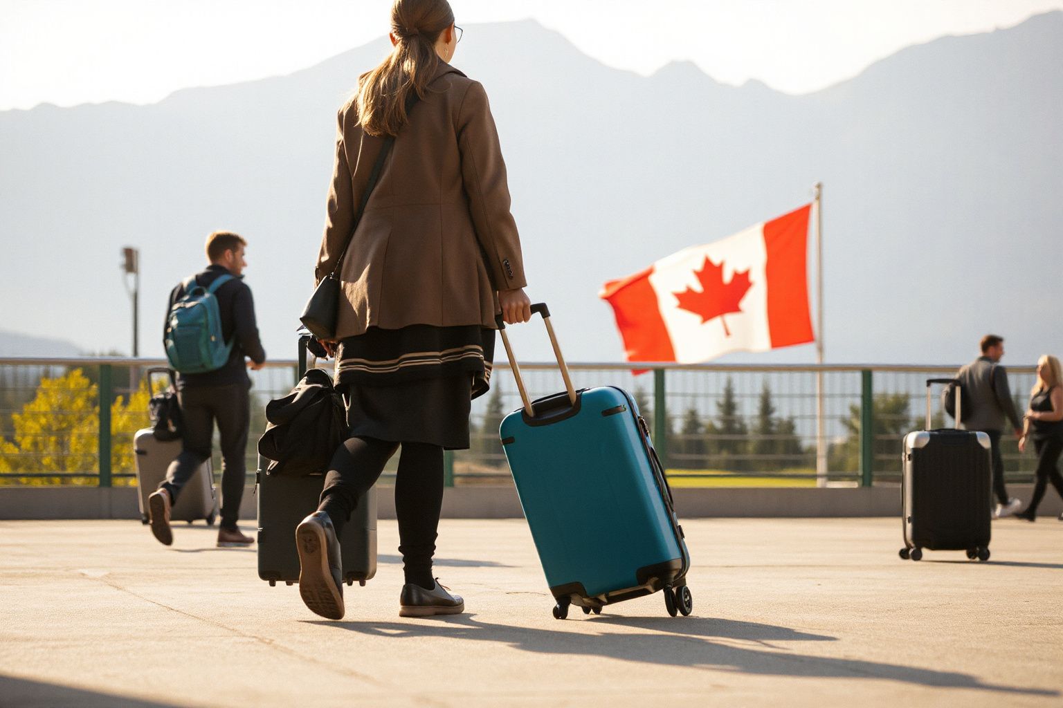 Canada eTA Application Form: travelers with luggage walking outdoors near a Canadian flag