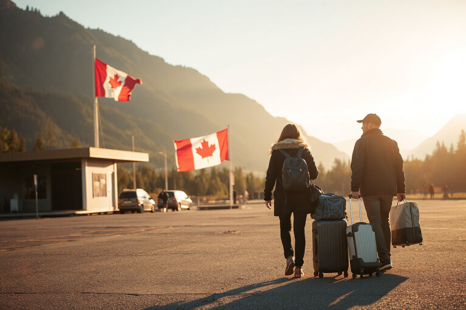 Canada eTA Form Timed Out: travelers with luggage walking near Canadian flags and mountains