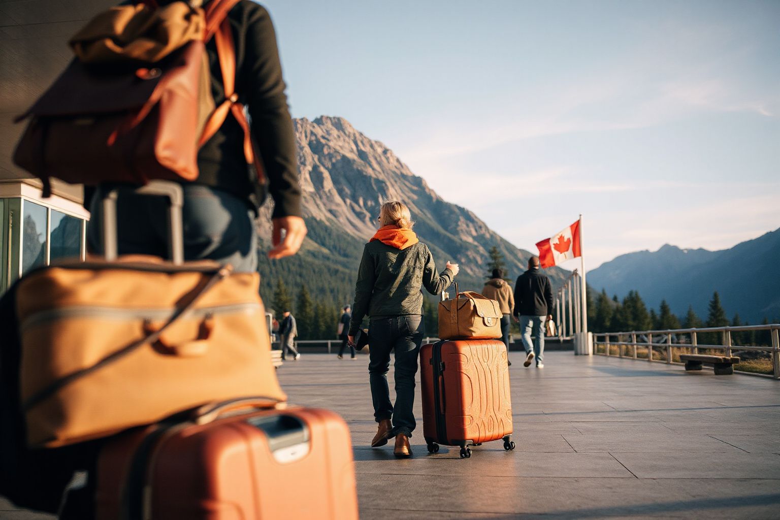 Canada eTA: travellers with luggage walking outdoors near mountains and a Canadian flag