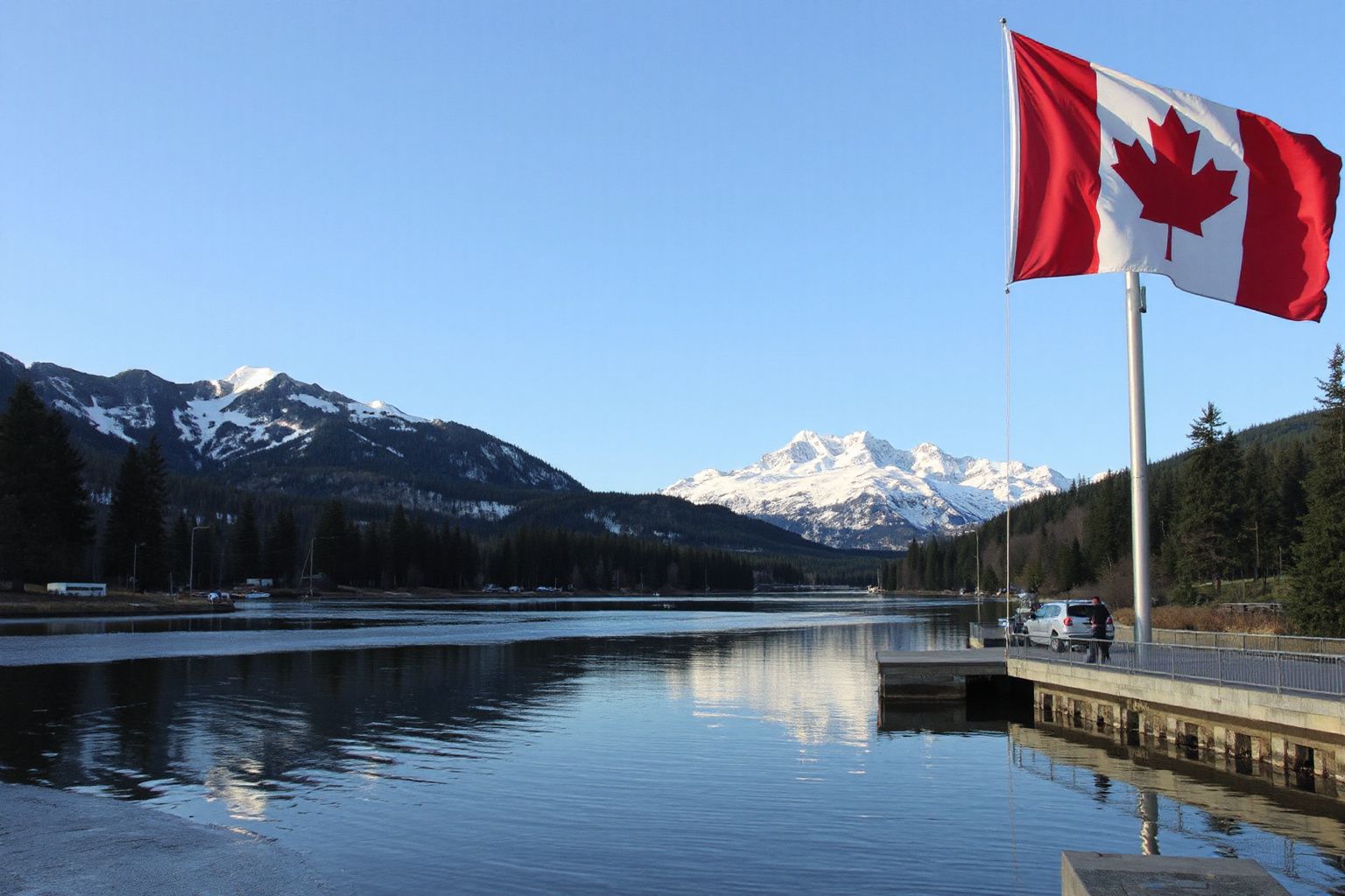 Canadian flag flying over a body of water with snow-capped mountains and evergreen trees in the background.