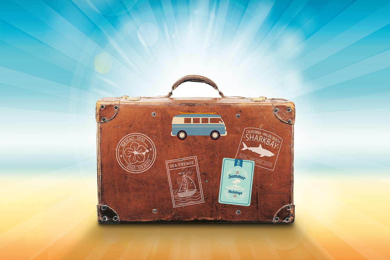 Illustration of a vintage-style brown suitcase with travel stickers against a bright blue and yellow background.