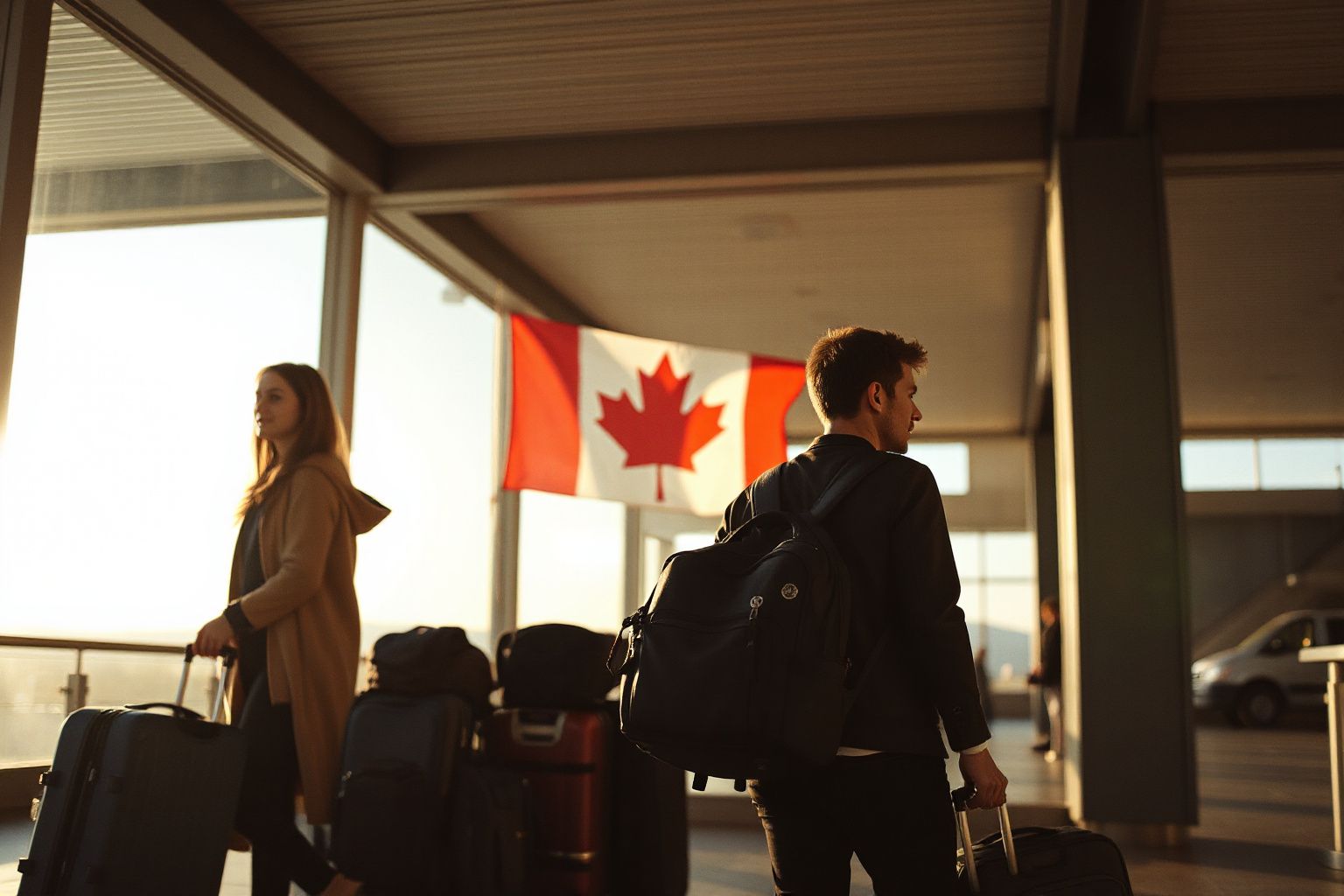 Canada eTA: travelers walking with luggage in an airport terminal near a Canadian flag