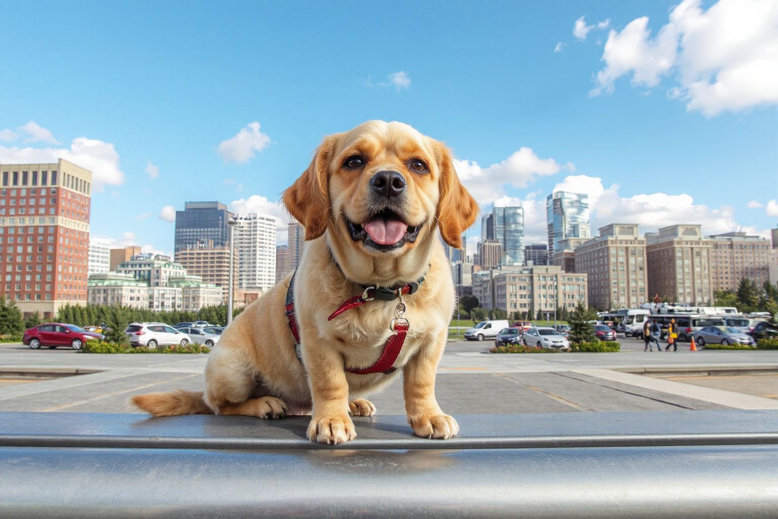 A happy light brown dog in a red harness sits on a low wall with a city skyline and cars in the background.