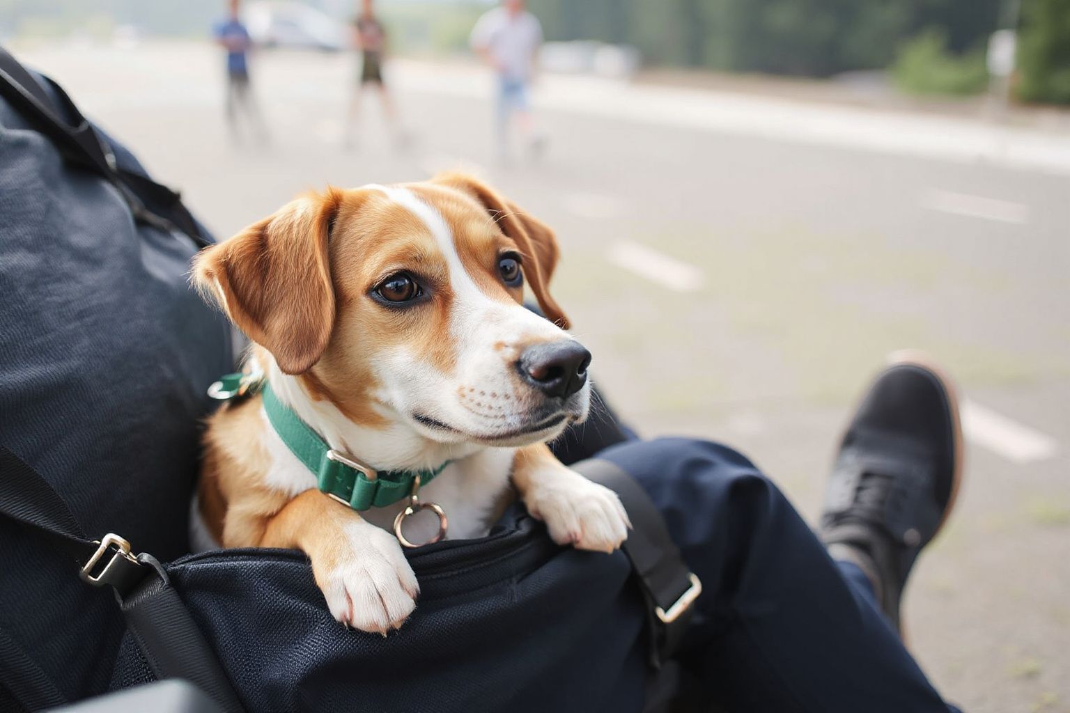 A small brown and white dog with a green collar sits in a dark carrier on a person&rsquo;s lap, looking right.