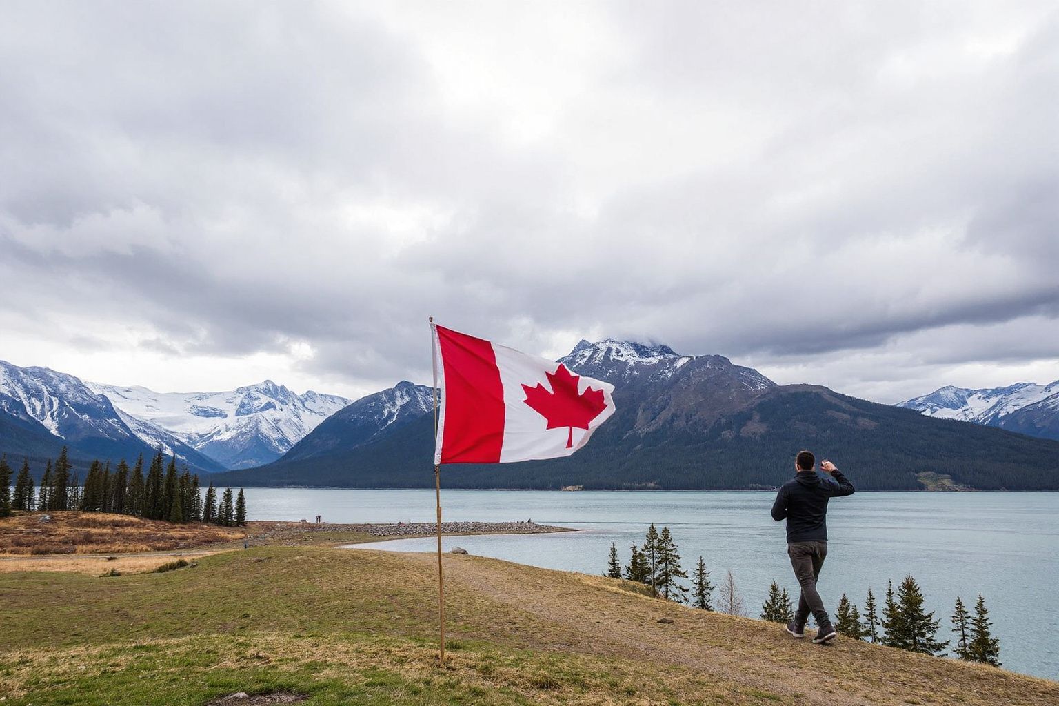 A Canadian flag waves on a pole with a person walking towards a lake and snow-capped mountains under a cloudy sky.