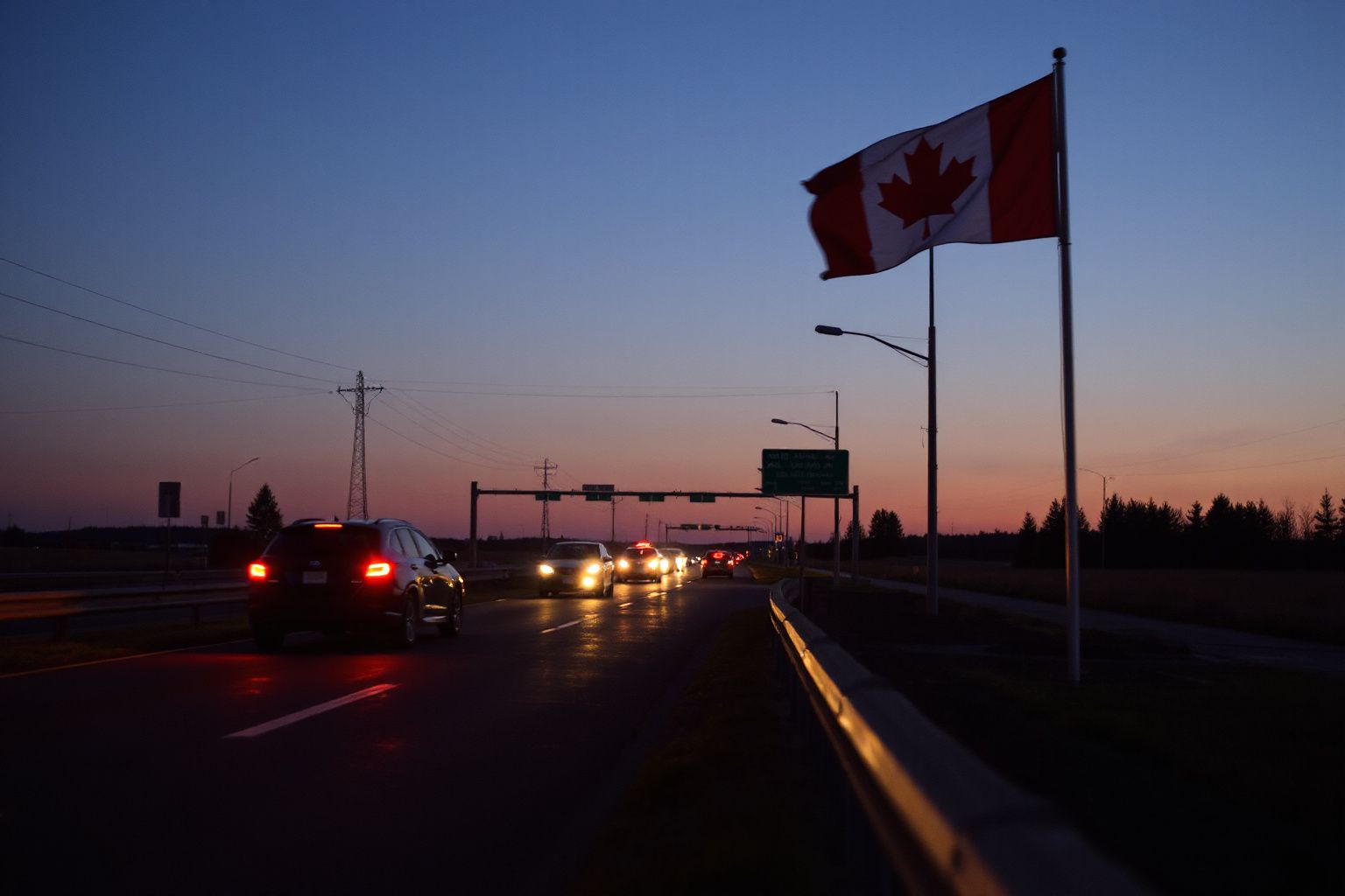 Arriving in Canada with an eTA: cars on a highway at dusk next to a Canadian flag