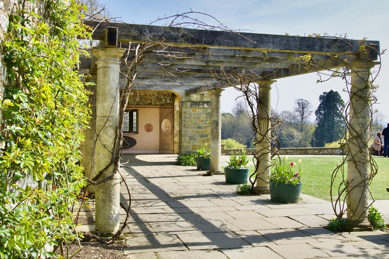 A stone and wooden pergola covered in green vines over a paved patio, with a stone building and trees in the background.