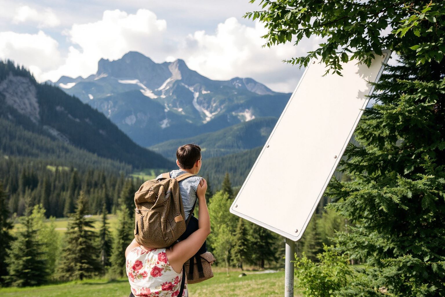 A person carrying a child on their shoulders looks at a mountain range with pine forests, next to a blank white sign.