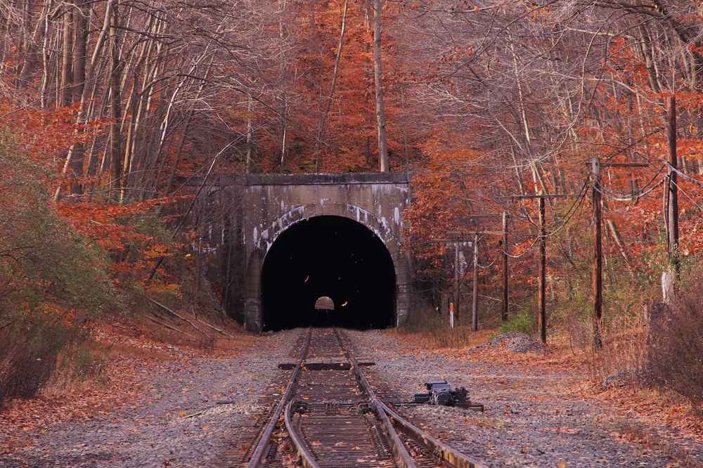Amtrak to Canada, do you need an eTA: a railway track running into a stone tunnel through an autumn forest