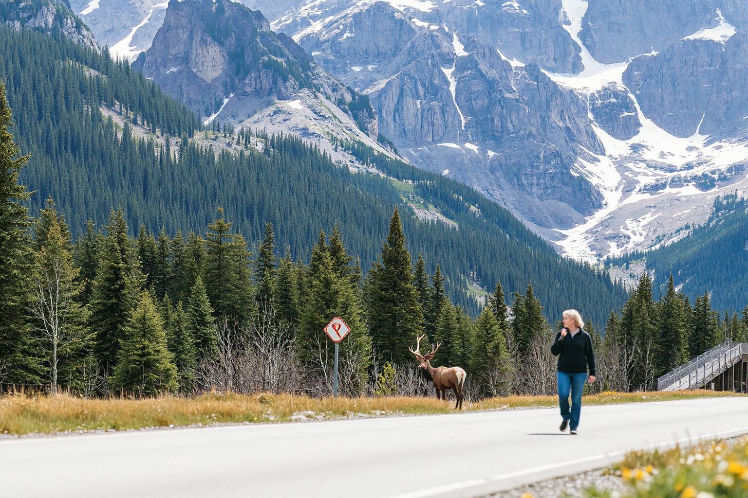 Woman walks on a road shoulder near an elk, with evergreen forests and snow-capped mountains in the background.