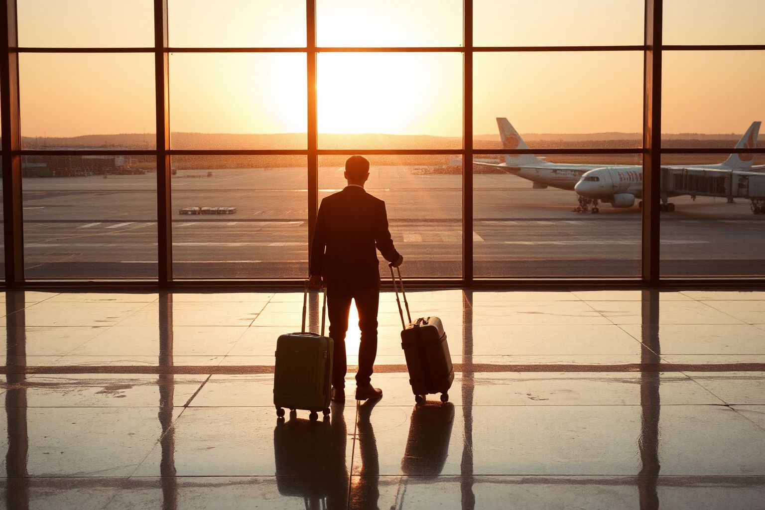 Canada eTA Biometrics: silhouette of a traveler with luggage looking at airplanes through an airport window