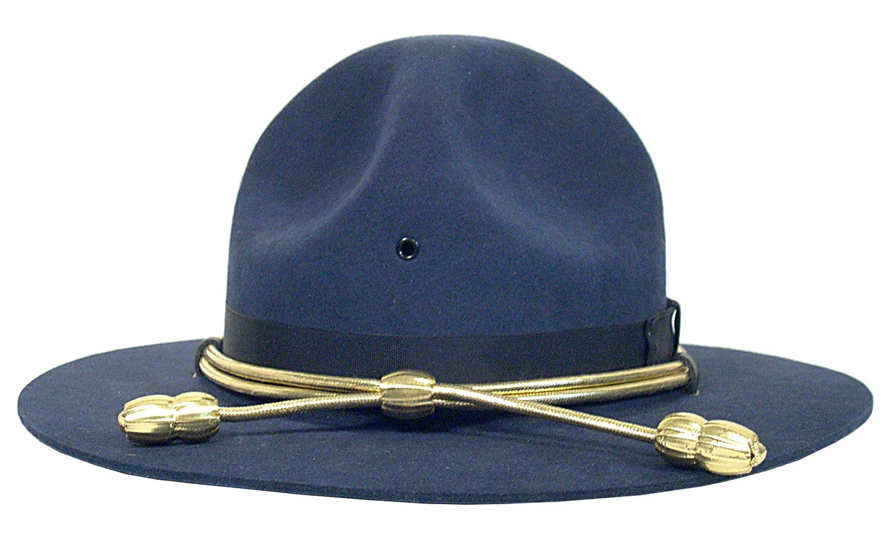 A dark blue felt hat with a wide brim, black band, and gold braided cords with tassels on a white background.