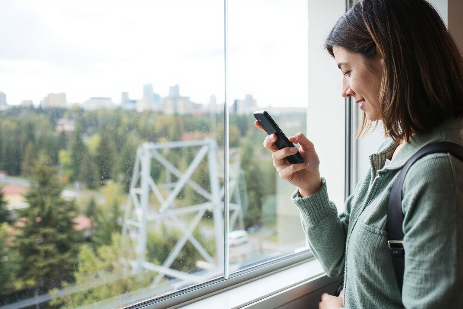 A smiling woman looks at her phone by a window, with a blurred cityscape and trees visible outside.