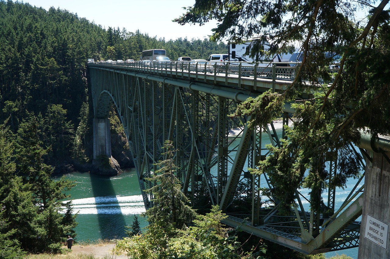 Driving from Seattle to Vancouver: traffic on a bridge through Washington's evergreen forest on the road north to the border