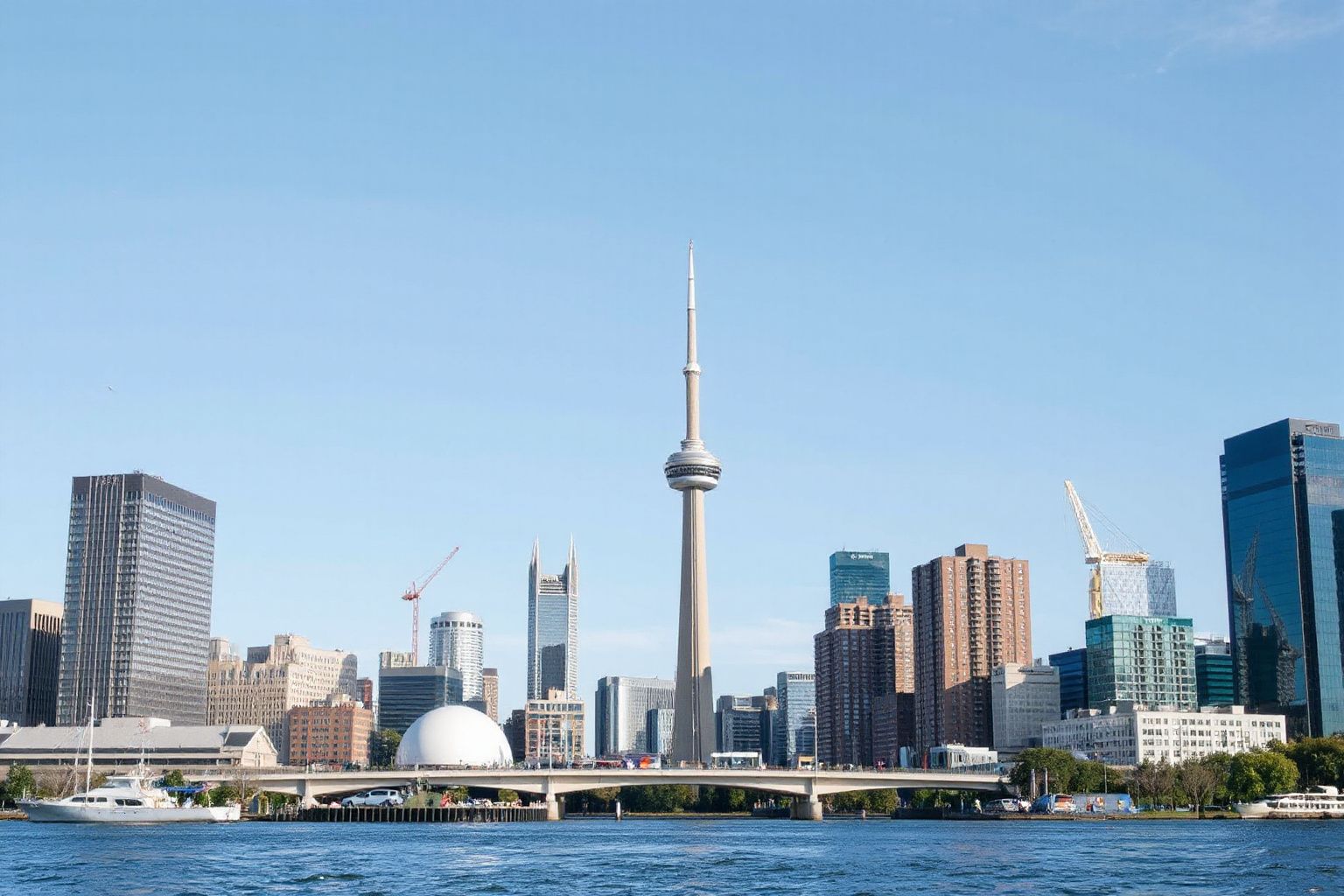 A city skyline with a tall observation tower, numerous skyscrapers, a bridge, and a white dome building across blue water.