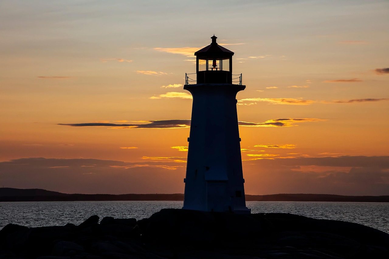 Arriving at Halifax Stanfield with an eTA: the Peggys Cove lighthouse in silhouette against an orange Nova Scotia sunset