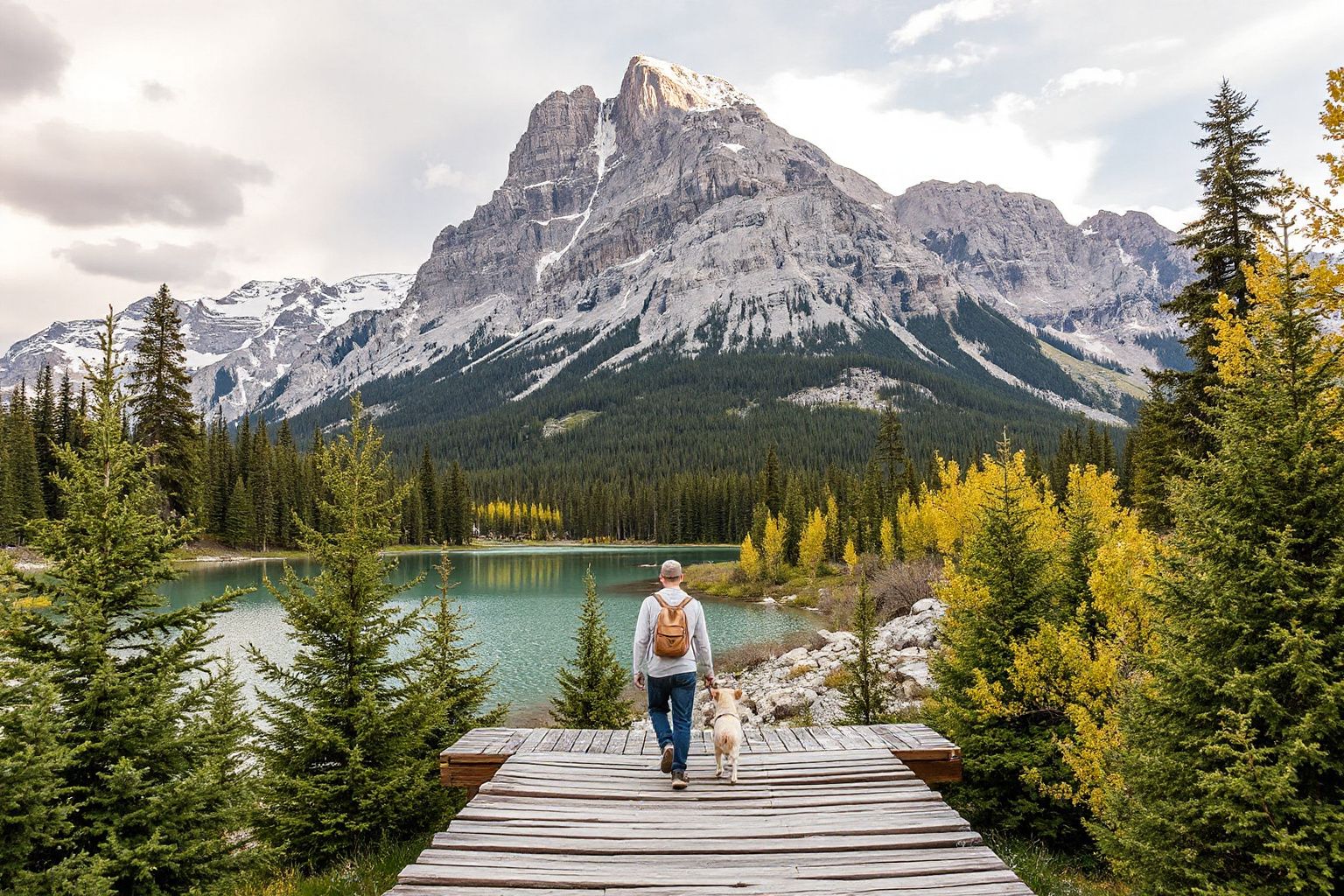 Person and dog on a boardwalk overlooking a turquoise lake, surrounded by evergreen and yellow autumn trees, with large mountains in the background.