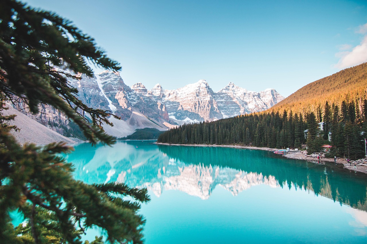 Turquoise lake reflecting snow-capped mountains and pine forest under a blue sky, with a pine branch.
